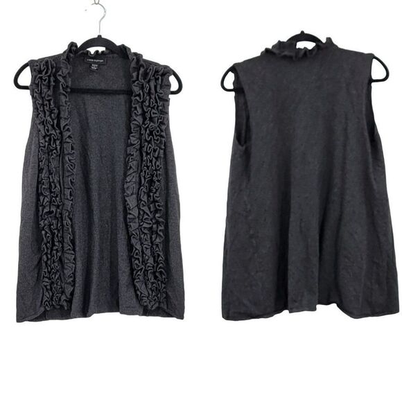 Cable & Gauge Cardigan Tunic Vest Sleeveless Longline Open Ruffle Knit Gray S - Picture 1 of 10
